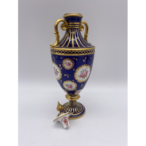 703 - ROYAL CROWN DERBY ROYAL BLUE GILDED OVOID VASE GARNITURE AND A LOBED PIN DISH AND 2049 PATTERN DISH