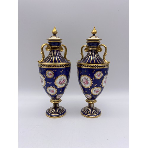 703 - ROYAL CROWN DERBY ROYAL BLUE GILDED OVOID VASE GARNITURE AND A LOBED PIN DISH AND 2049 PATTERN DISH