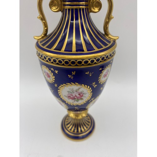 703 - ROYAL CROWN DERBY ROYAL BLUE GILDED OVOID VASE GARNITURE AND A LOBED PIN DISH AND 2049 PATTERN DISH