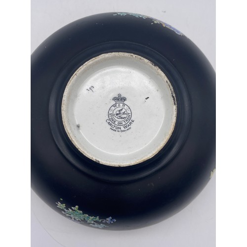 363 - CARLTONWARE GILDED TWIN HANDLED COMPORT AND CARLTONWARE BLACK GROUND FANCIFUL BIRD BOWL