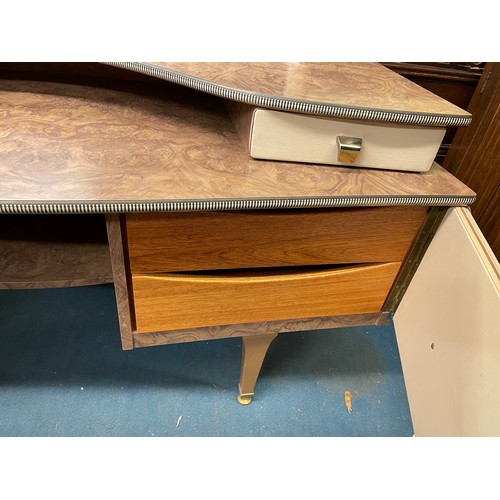 9 - VINTAGE 1950S SIMULATED WALNUT AND FABRIC WARDROBE AND DRESSING TABLE BY STONE FURNITURE