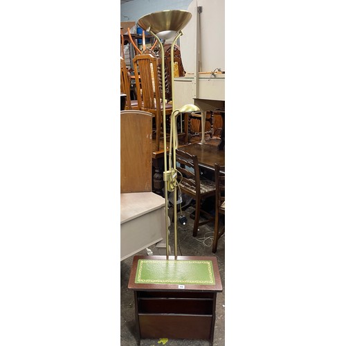 44 - GREEN LEATHER TOPPED MAHOGANY MAGAZINE RACK, AND UPLIGHTER READING LAMP