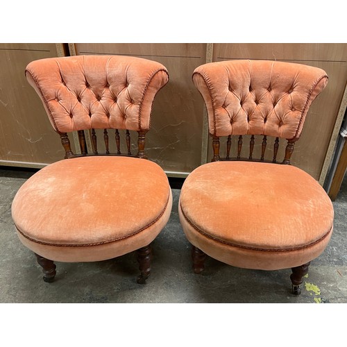 103 - PAIR OF VICTORIAN BUTTON BACK UPHOLSTERED CIRCULAR LOW NURSING CHAIRS