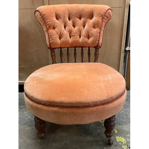 103 - PAIR OF VICTORIAN BUTTON BACK UPHOLSTERED CIRCULAR LOW NURSING CHAIRS