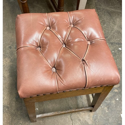 113 - LEATHER UPHOLSTERED STUDDED SQUARE SECTION OAK STOOL