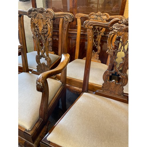 129 - SET OF EIGHT 18TH CENTURY STYLE CARVED DINING CHAIRS WITH RIBBAND BACKS ON CARVED CABRIOLE LEGS SEVE... 