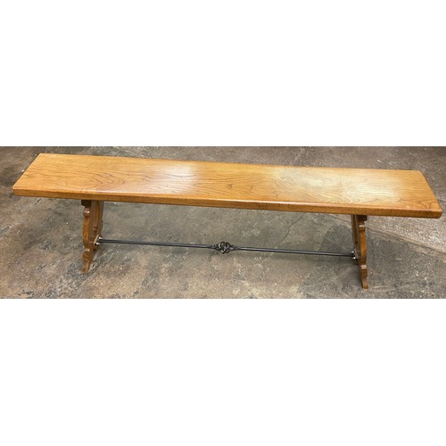 130 - SUPERB QUALITY OAK SPANISH STYLE DINING TABLE WITH WROUGHT IRON WORK STRETCHERS AND A SIMILAR STYLE ... 