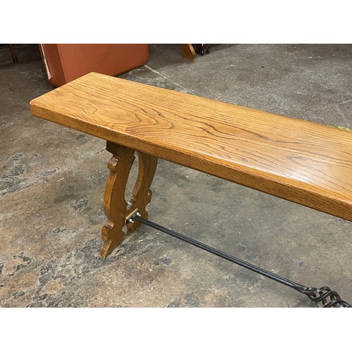 130 - SUPERB QUALITY OAK SPANISH STYLE DINING TABLE WITH WROUGHT IRON WORK STRETCHERS AND A SIMILAR STYLE ... 