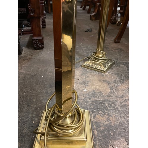 145 - BRASS FLUTED COLUMN TABLE LAMP AND A BRASS HEXAGONAL COLUMN TABLE LAMP