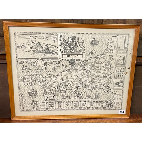 194 - FACSIMILE ANTIQUARIAN MAP OF CORNWALL FRAMED AND GLAZED 54CM X 44CM APPROX