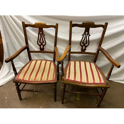 96 - EDWARDIAN BEECH DOUBLE CHAIR BACK SETTEE AND ELBOW CHAIRS UPHOLSTERED IN REGENCY STYLE FABRIC