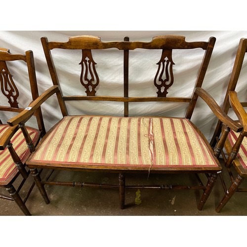 96 - EDWARDIAN BEECH DOUBLE CHAIR BACK SETTEE AND ELBOW CHAIRS UPHOLSTERED IN REGENCY STYLE FABRIC