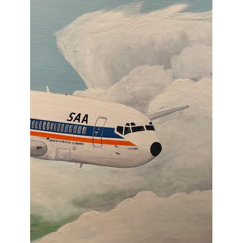 172 - DE VILLIERS OILS ON BOARD SOUTH AFRICAN AIRWAYS BOEING 737-200 ADVANCED IN FLIGHT DATED 1982 94CM X ... 