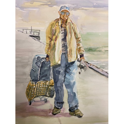 169 - DELENE VEBB WATER COLOURS FISHERMAN ON A WHARF A PAIR 41CM X 58CM APPROX