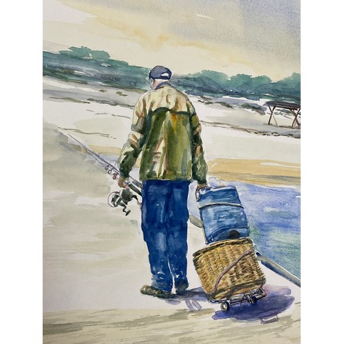 169 - DELENE VEBB WATER COLOURS FISHERMAN ON A WHARF A PAIR 41CM X 58CM APPROX