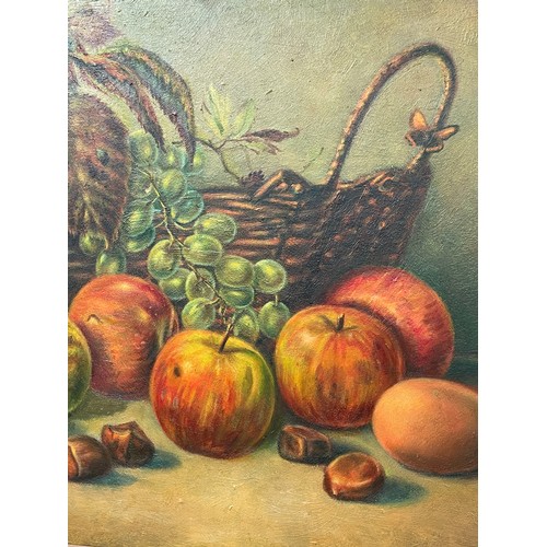 179 - DOYLE OILS ON PANEL STILL LIFE AUTUMN FRUIT BASKET PEARS AND CONKERS 30CM X 25CM