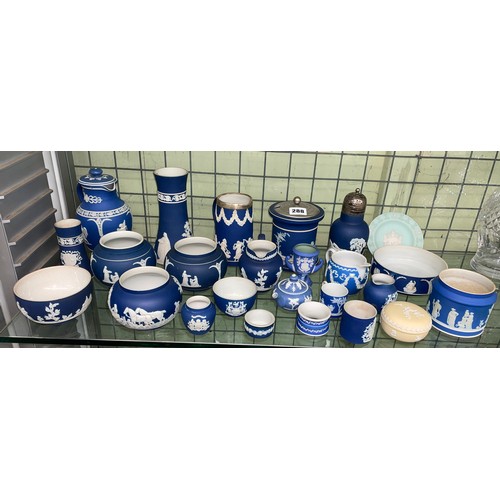 288 - SELECTION OF WEDGWOOD AND SIMILAR BLUE JASPERWARE INCLUDING BOWLS, MINIATURE JUGS AND VASES