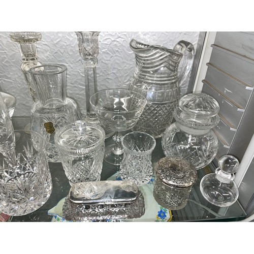 296 - SHELF OF MAINLY CUT ETCHED GLASSWARE, LEMONADE JUGS, CANDLE STICKS, TUMBLERS