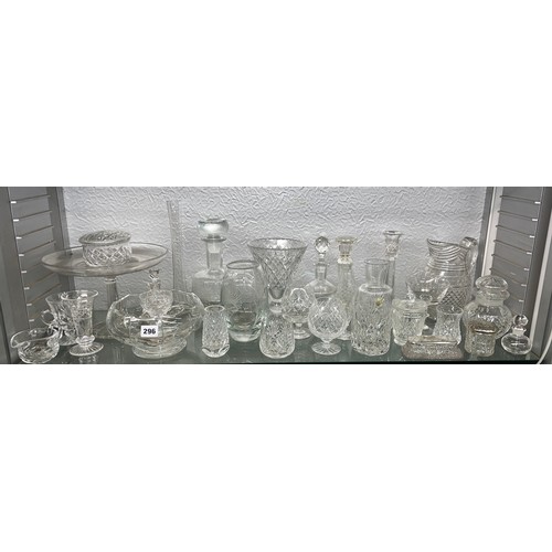 296 - SHELF OF MAINLY CUT ETCHED GLASSWARE, LEMONADE JUGS, CANDLE STICKS, TUMBLERS