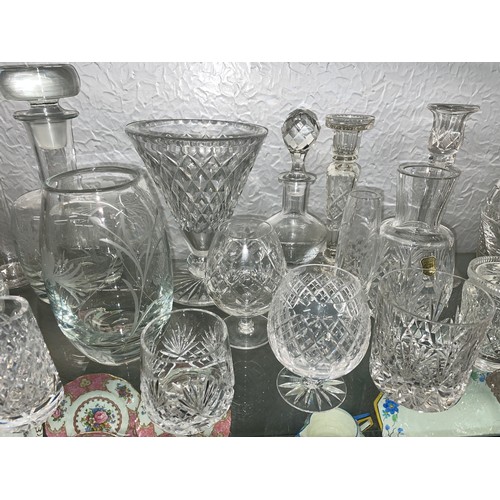 296 - SHELF OF MAINLY CUT ETCHED GLASSWARE, LEMONADE JUGS, CANDLE STICKS, TUMBLERS