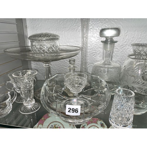 296 - SHELF OF MAINLY CUT ETCHED GLASSWARE, LEMONADE JUGS, CANDLE STICKS, TUMBLERS