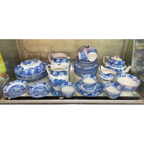 305 - BLUE AND WHITE WOODSWARE TEAPOTS, CUPS AND SAUCERS, PLATES