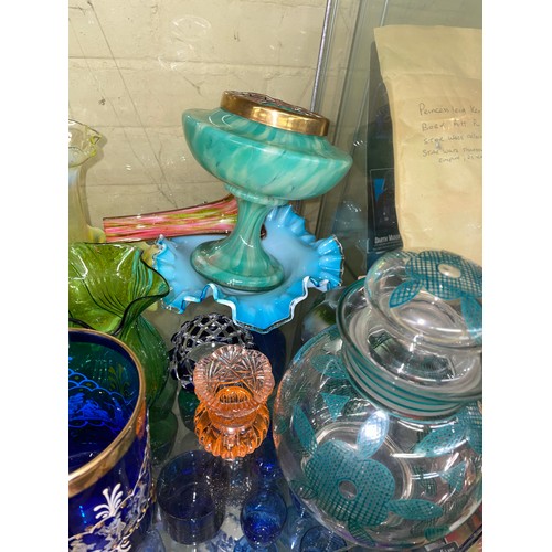 307 - SHELF OF DECORATIVE GLASSWARE INC JACK IN POOL PIT VASE, VASELINE GLASS DISH, BASKETS, IRIDESCENT LA... 