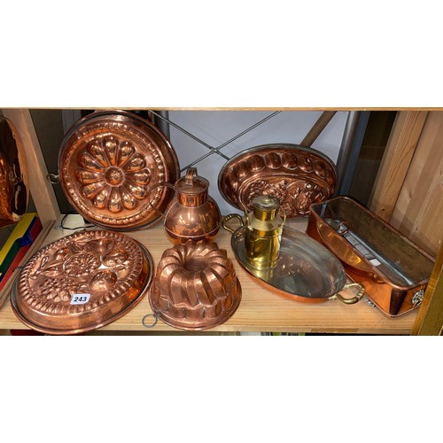 243 - MOULDED COPPER JELLY AND PATE MOULDS, TROUGH PLANTER, AND BRASS MINIATURE CHURN