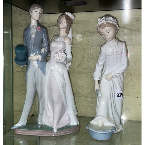 322 - LLADRO FIGURE OF THE BRIDE AND GROOM AND ONE OTHER OF GIRL BATHING