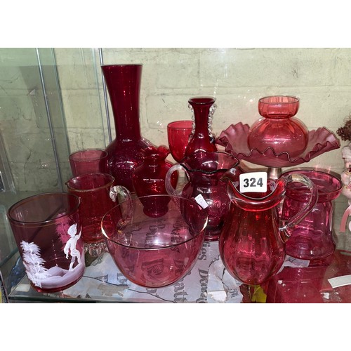 324 - SELECTION OF CRANBERRY MARY GREG AND DECORATED GLASSWARE, BOWLS AND JUGS