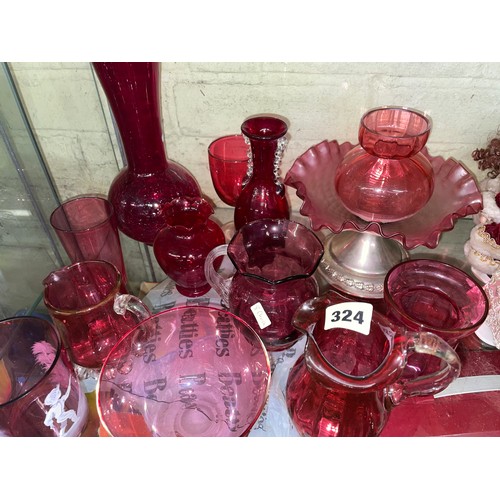 324 - SELECTION OF CRANBERRY MARY GREG AND DECORATED GLASSWARE, BOWLS AND JUGS