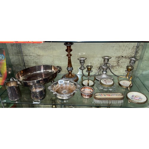 327 - EP CANDELABRUM, NEEDLEPOINT DRESSING TABLE CANDLESTICKS AND POT, EP COPPER BOTTLE COASTER, AND OTHER... 