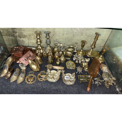 328 - SHELF OF BRASS CRINOLINE FIGURES, CANDLE STICKS, DECORATIVE SHOES AND CLOGS, COPPER CRUMB TRAY, AND ... 