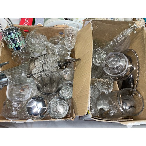 347 - TWO BOXES OF VARIOUS GLASSWARE INC GLOBE AND SHAFT DECANTERS, CELERY VASE, CONDIMENT