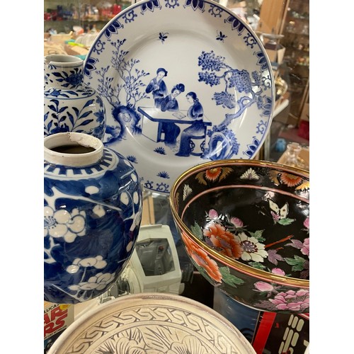 410 - SHELF OF JAPANESE AND CHINESE CERAMICS, PRUNUS TEMPLE JARS, DRAGON VASE, BOWLS, SOME AS FOUND