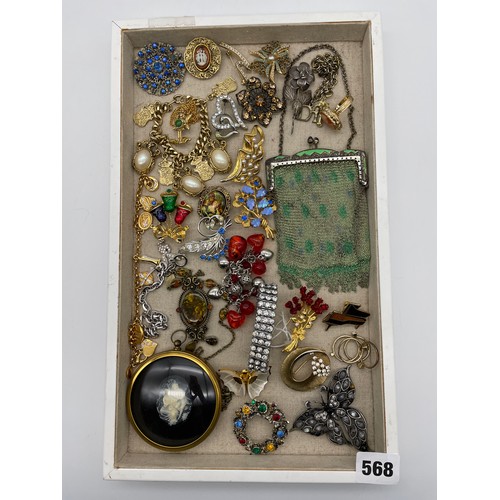 568 - ART DECO ENAMELLED CHAIN MAIL EVENING PURSE, VARIOUS DIAMANTE BROOCHES, CHAINS, ETC