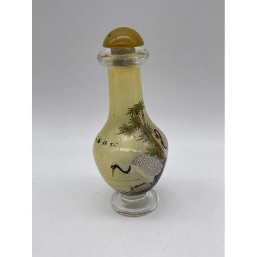 580 - GLASS BALUSTER SCENT BOTTLE DECORATED WITH EGRETS