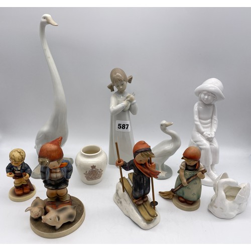 587 - FOUR GOEBEL HUMMEL FIGURES, SPODE JOANNA BY PAULINE SHORE, NAO SWAN, AND NAO GIRL WITH VIOLIN