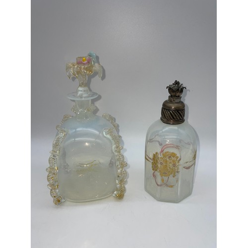 582 - GABBIANI OPALESCENT SCENT BOTTLE AND A PANELLED SCENT BOTTLE WITH WHITE METAL MOUNT