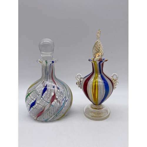 585 - TWO ITALIAN LATTICINO GLASS SCENT BOTTLES WITH STOPPERS