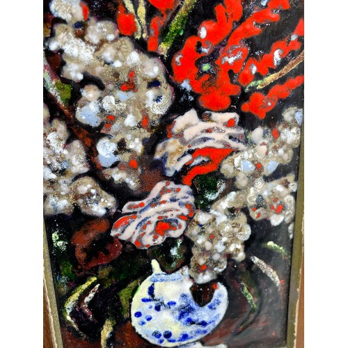 593 - ENAMEL PANEL ON COPPER STILL LIFE OF FLOWERS AFTER VAN GOGH