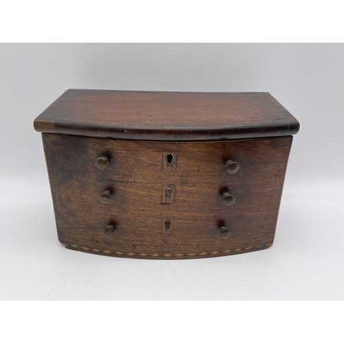 526 - EARLY 19TH CENTURY MAHOGANY TEA CADDY BOX IN FORM OF BOW FRONTED CHEST OF DRAWERS WITH CROSS BANDED ... 