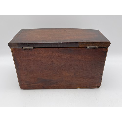 526 - EARLY 19TH CENTURY MAHOGANY TEA CADDY BOX IN FORM OF BOW FRONTED CHEST OF DRAWERS WITH CROSS BANDED ... 