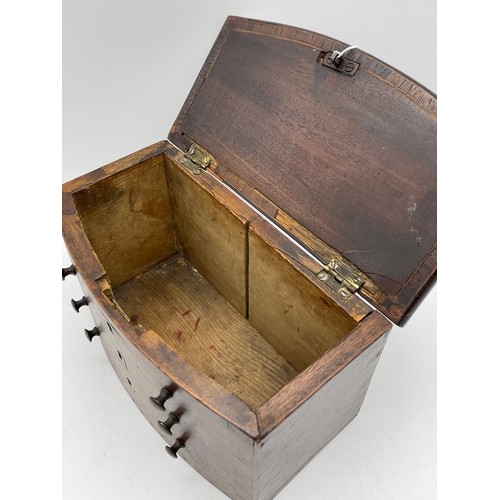 526 - EARLY 19TH CENTURY MAHOGANY TEA CADDY BOX IN FORM OF BOW FRONTED CHEST OF DRAWERS WITH CROSS BANDED ... 