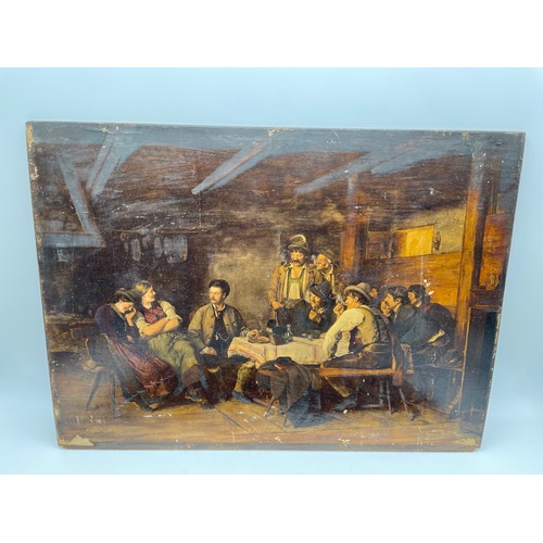 608 - PAIR OF PRINTS FRANZ DEFREGGER AUSTRIAN INTERIOR SCENES LAID ON PANEL UNFRAMED 39CM X 29CM APPROX