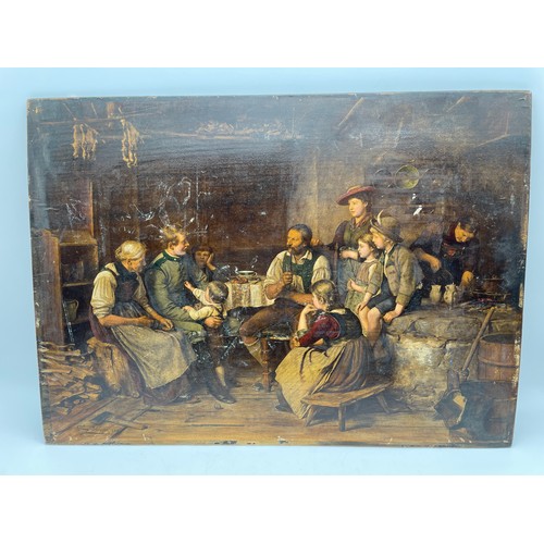 608 - PAIR OF PRINTS FRANZ DEFREGGER AUSTRIAN INTERIOR SCENES LAID ON PANEL UNFRAMED 39CM X 29CM APPROX