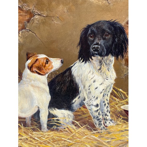 603 - DONNA CRAWSHAW ENGLISH OIL ON CANVAS JACK RUSSELL AND A SPANIEL IN A BARNYARD 29CM X 24CM APPROX