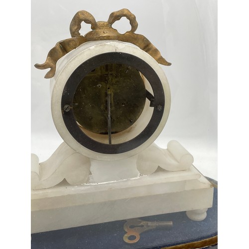 514 - 19TH CENTURY ALABASTER DRUM CASED MANTLE CLOCK UNDER GLASS DOME BOYALL LOUTH AS FOUND 35CM HEIGHT