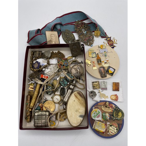 519 - BOX OF MISCELLANY INCLUDING ENAMEL MEDALLIONS, PIN BROOCHES, AND BUCKLE, COMMEMORATIVE ITEMS, WHISTL... 