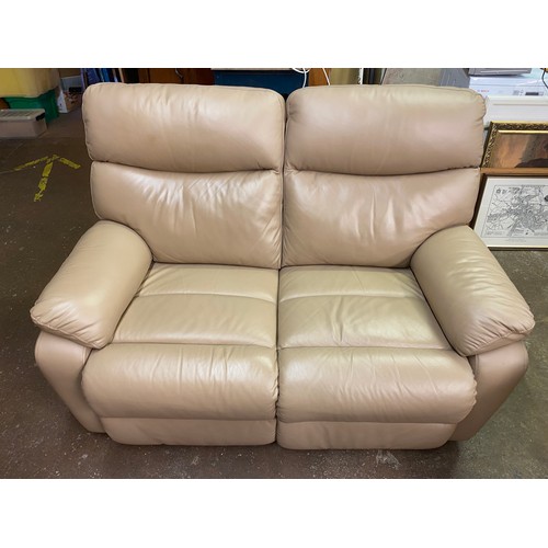 22 - TWO MUSHROOM LEATHER RECLINING TWO SEATER SOFAS